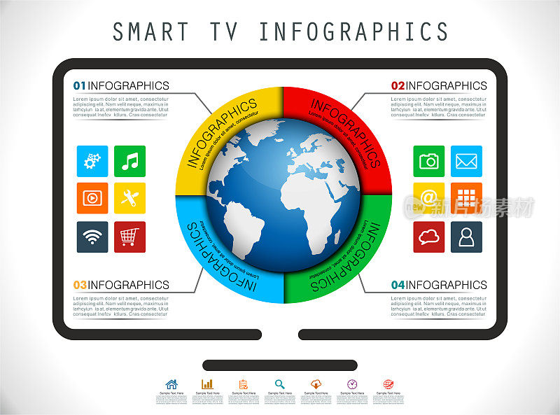智能电视信息图与图表和世界地球仪