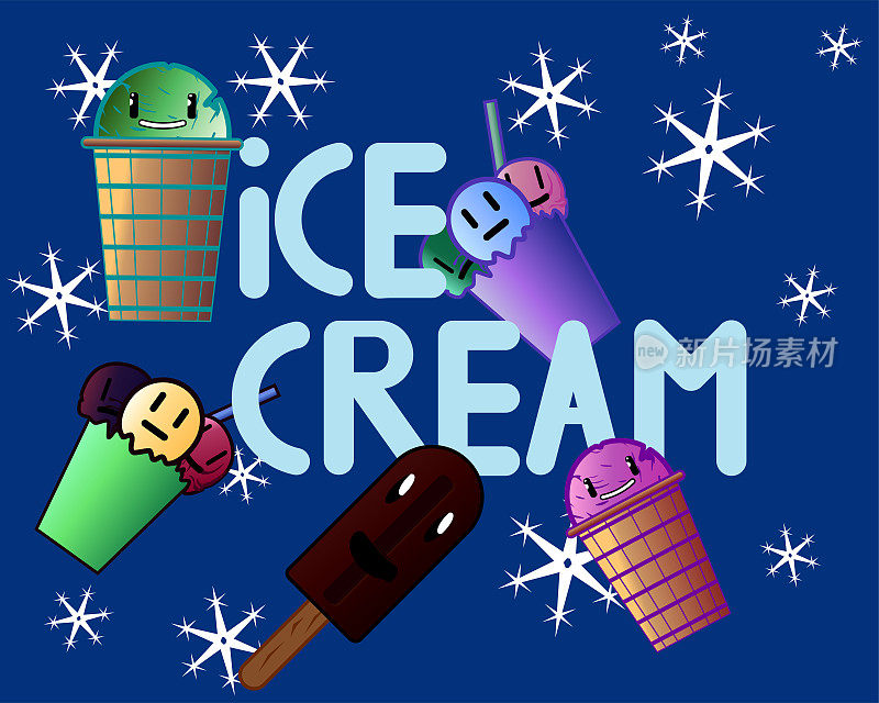 有题字和蓝色背景雪花的卡通冰淇淋。