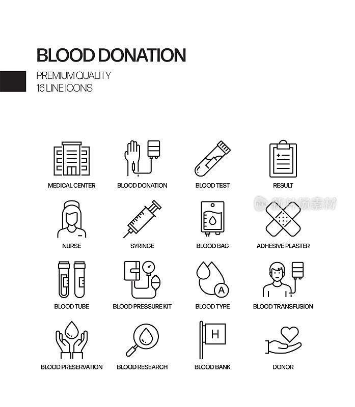 献血相关矢量线图标的简单设置。大纲符号集合。