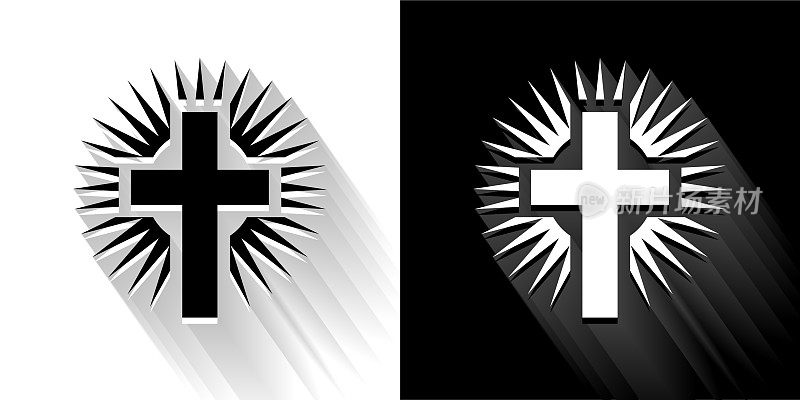 基督教十字黑和白色与长影子的图标