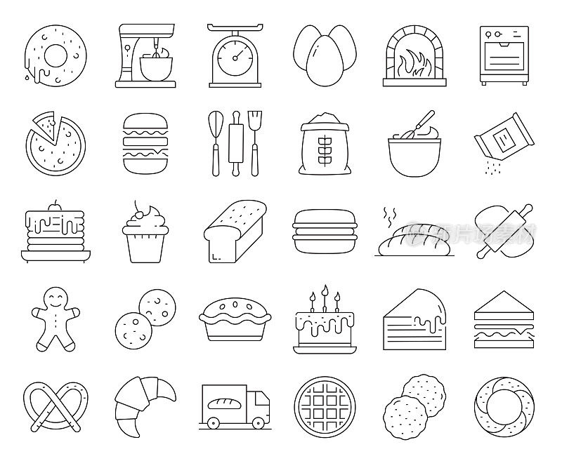 面包房和糕点相关的矢量线图标的简单设置。大纲符号集合。可编辑的中风。