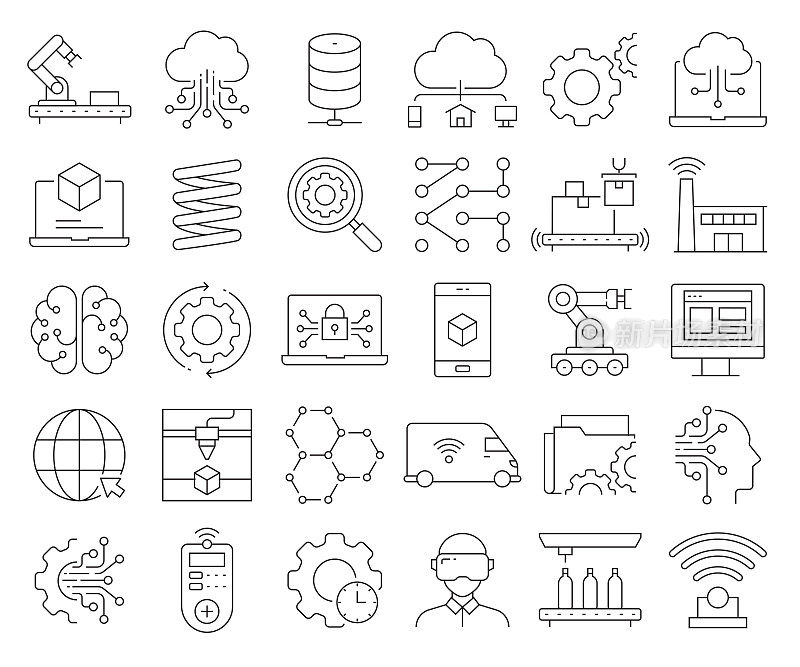简单的工业4.0相关矢量线图标集。大纲符号集合。可编辑的中风