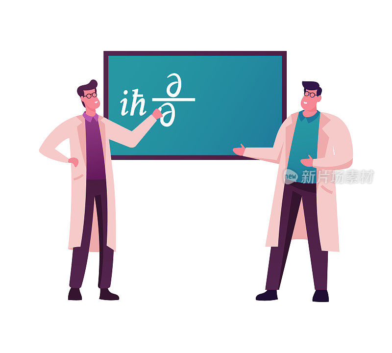 男科学家角色站在黑板前试图解决量子力学领域的公式或方程。大学教授讨论科学理论。卡通人物矢量插图