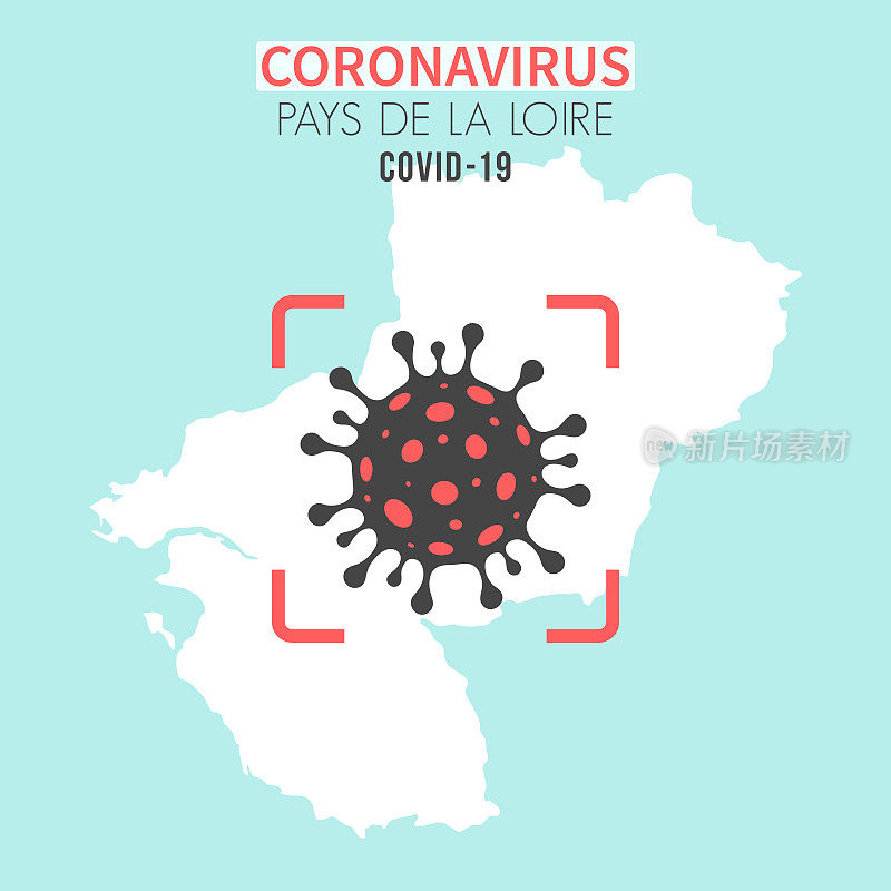 德拉卢瓦尔地图，红色取景器中有冠状病毒细胞(COVID-19)