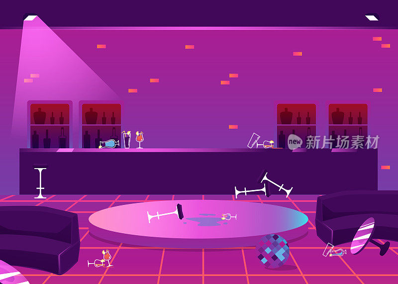 空夜俱乐部内部在乱后的派对平面卡通矢量插图。