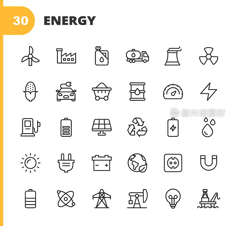 能源和电源图标。可编辑的中风。像素完美。移动和网络。包含诸如能源，电力，可再生能源，电力，电动汽车，煤炭，天然气，核能，电池，工厂，太阳，太阳能，火，灯泡，石油工厂等图标。
