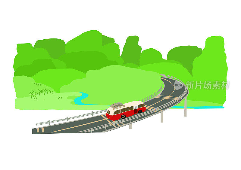 红色巴士在高速公路上进入山区的矢量图