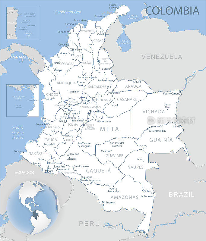 蓝灰色详细地图的哥伦比亚行政区划和地点在全球。