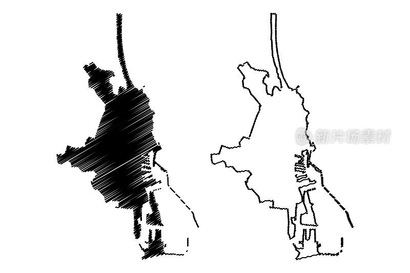 康斯坦察城(罗马尼亚共和国)地图矢量插图，涂画托米斯城地图
