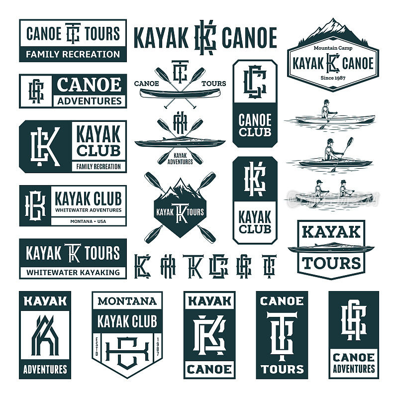 一套矢量皮划艇和皮划艇符号，徽章和设计元素