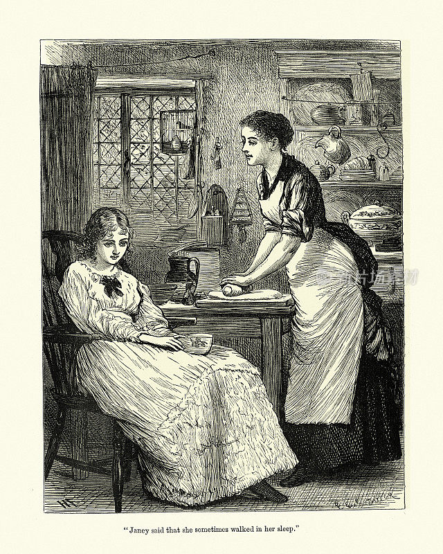 十九世纪，维多利亚时代的母亲和十几岁的女儿在厨房里烘焙