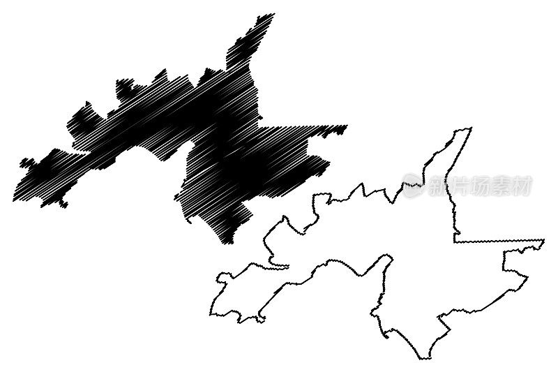 基苏木市(肯尼亚共和国基苏木县)地图矢量插图，潦草草图佛罗伦萨港市地图