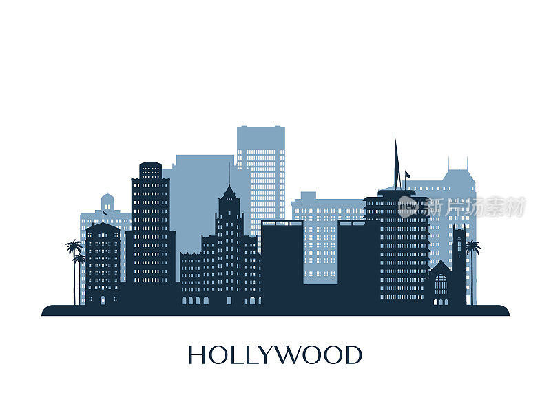 好莱坞的天际线，单色剪影。矢量插图。