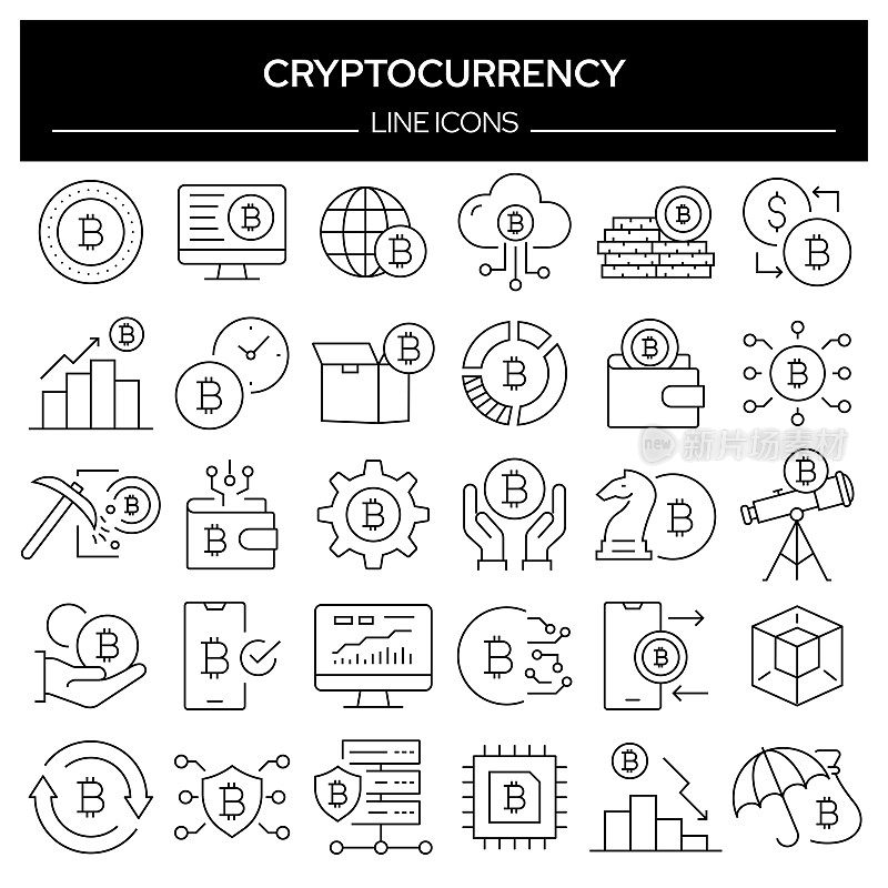 一组与加密货币相关的线条图标。轮廓符号集合，可编辑的描边