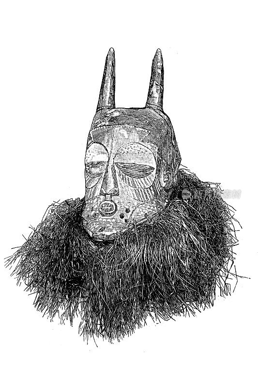 面具，雕刻和绘画，有两个角和胡子的raphia猫科动物