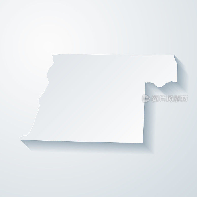 奥比恩县，田纳西州。地图与剪纸效果的空白背景