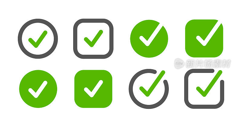 绿色复选标记图标集。矢量线条艺术简单的设计