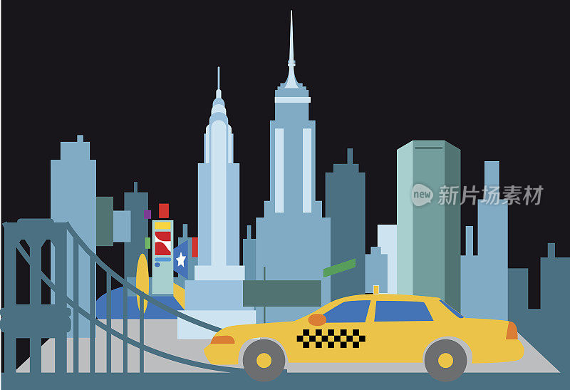 纽约天际线的插图与一辆出租车