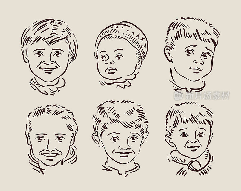 手绘的儿童面孔。草图。矢量图