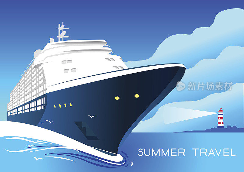 夏季旅游游轮。复古艺术装饰海报插图。