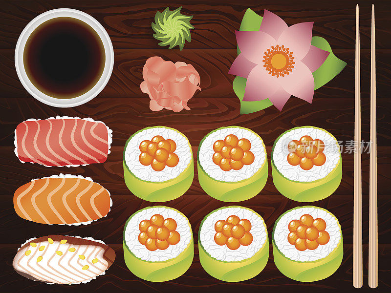 寿司卷，生鱼片，酱油，生姜12