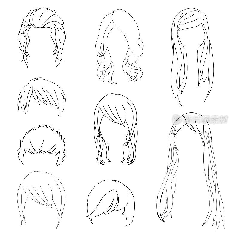 收集发型为男人和女人的头发绘图集1。
