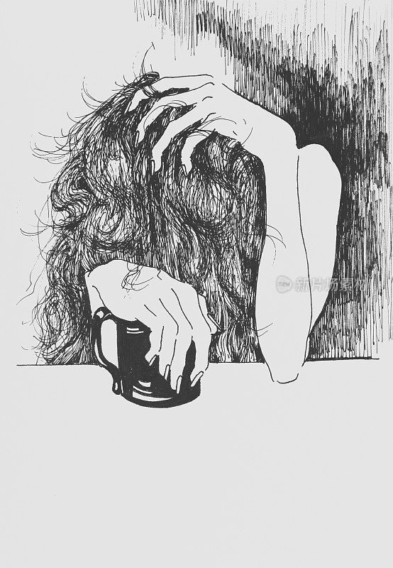 头痛和咖啡的女人素描