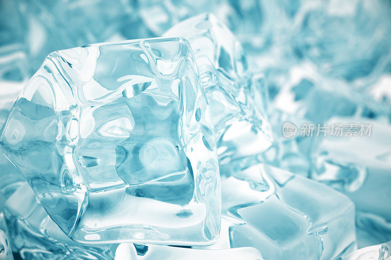 一堆冰块。具有景深的冰块背景。三维渲染