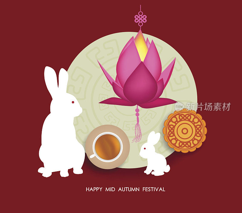 中秋节的背景有月饼、茶和兔肉。中秋节快乐