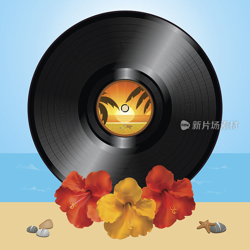 黑胶唱片和木槿在夏季背景