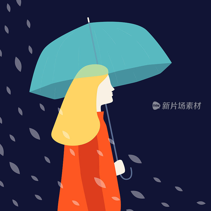一个女人的剪影穿着雨衣拿着伞下雨。矢量图