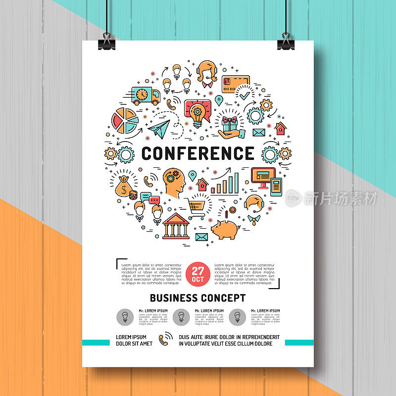 商务会议海报模板A4大小，线条艺术图标