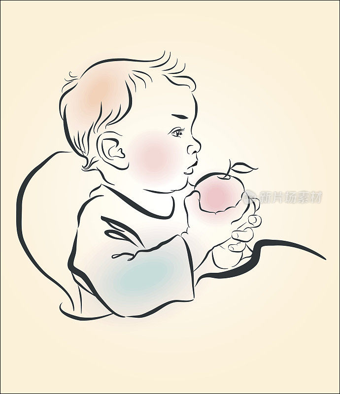 矢量插图。一个孩子吃苹果