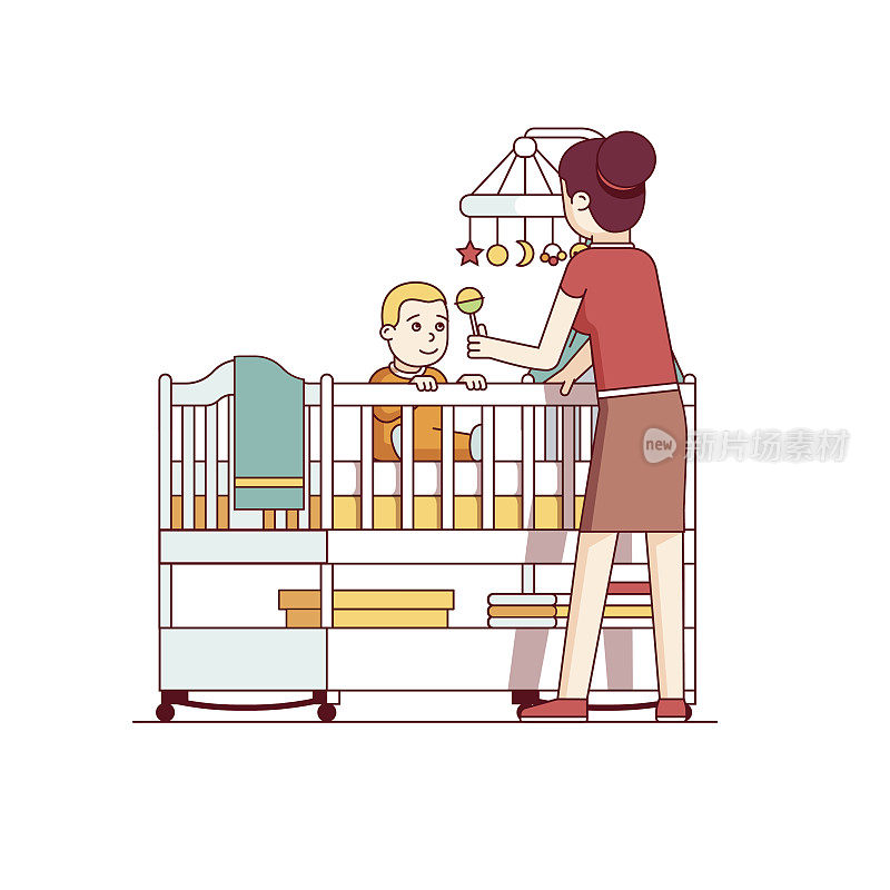 妈妈和婴儿坐在婴儿床上玩