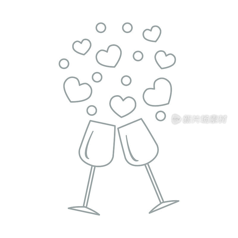 可爱的矢量插图两个高脚杯与心脏。情人节贺卡。