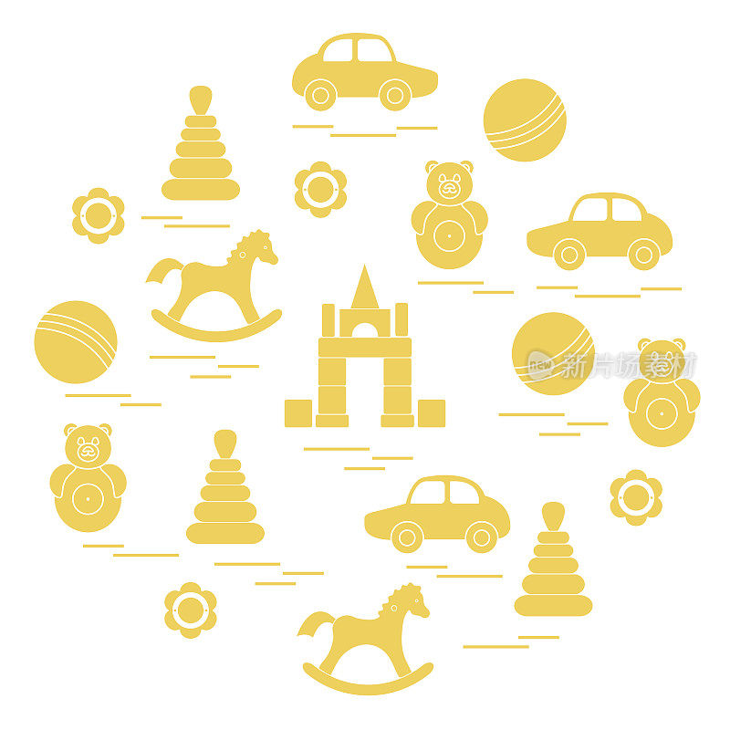 矢量插图儿童元素安排在一个圆圈:汽车，金字塔，圆锥体，球，立方体，摇马，摇铃。