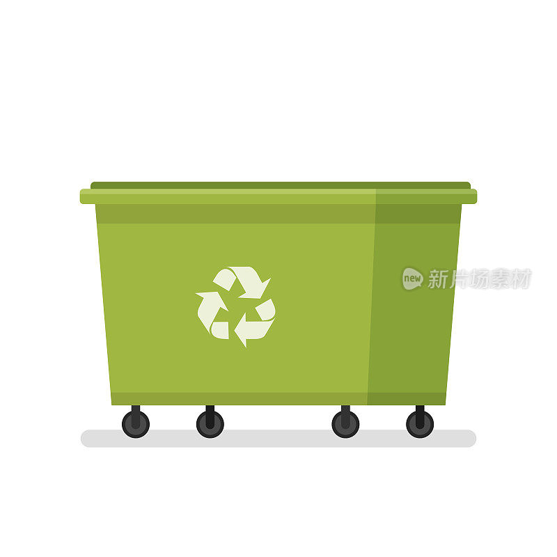 垃圾箱里。大的垃圾桶。公用事业服务。绿色垃圾。以平面卡通风格收集垃圾的容器。矢量插图孤立在白色背景。