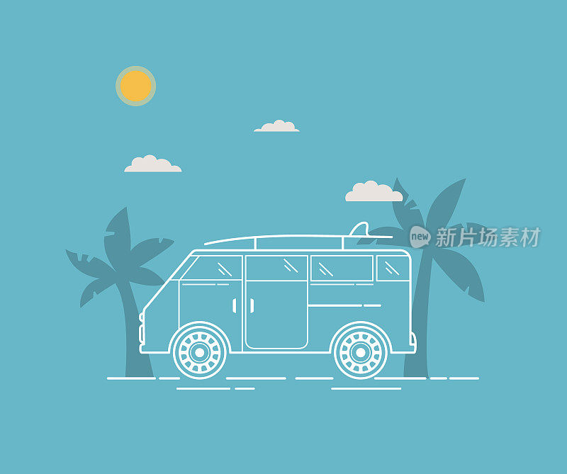带有线性棕榈树的旅游面包车是一个矢量。家庭旅行巴士。乡村休息的夏季货车。