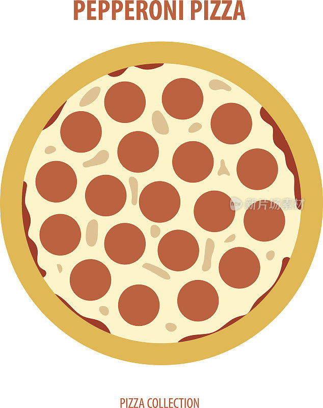 俯视图中的意大利辣香肠披萨。平面设计矢量插图。