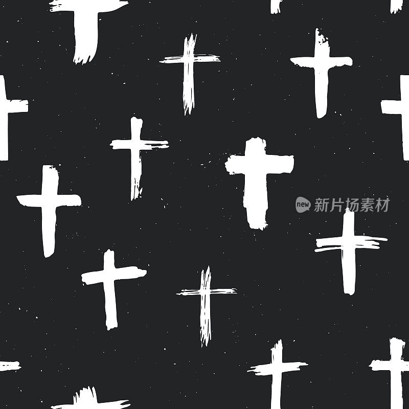 十字符号无缝图案grunge手绘基督教十字架，宗教符号图标，十字架符号矢量插图