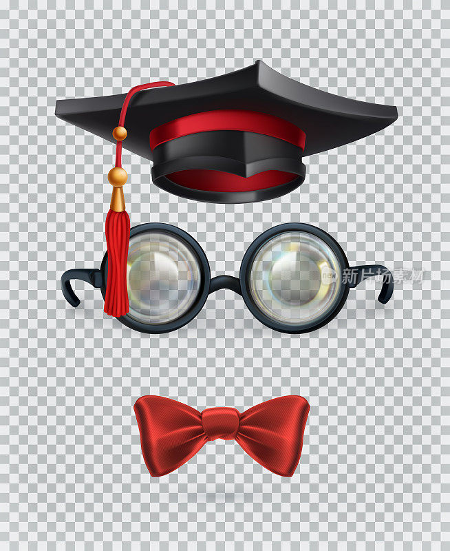 方学位帽，学士帽，眼镜，领结。三维矢量图标集