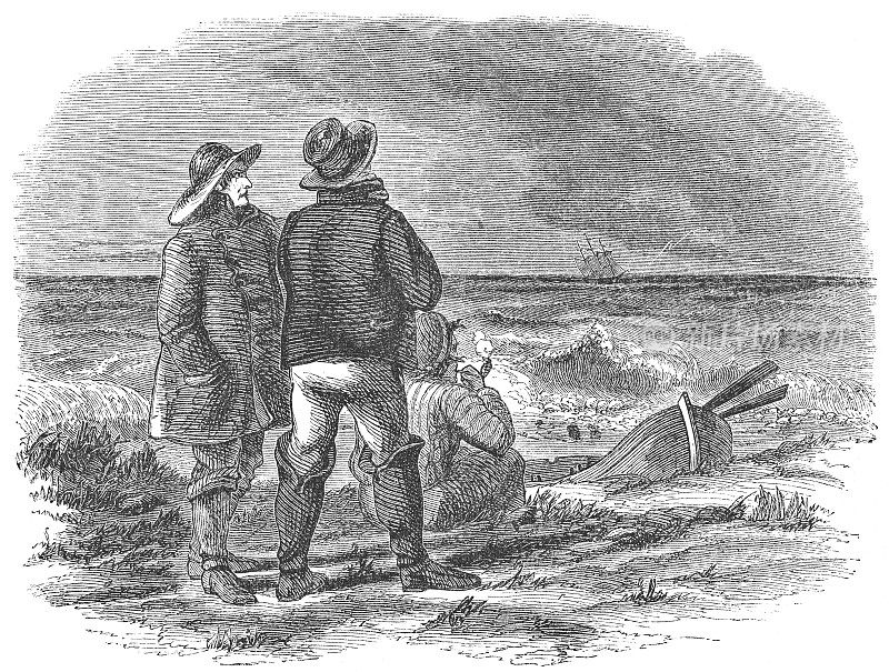 在暴风雨中，渔民在海滩上等待船只返回