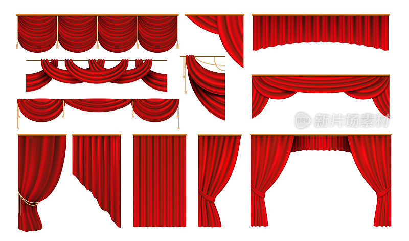 现实的红色窗帘。电影院和剧院的舞台边界，3D优雅的背景幕布。矢量影视内线