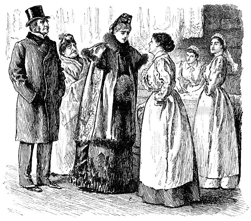 一对夫妇在他们家里和厨房工作人员聊天，在纽约，美国，19世纪