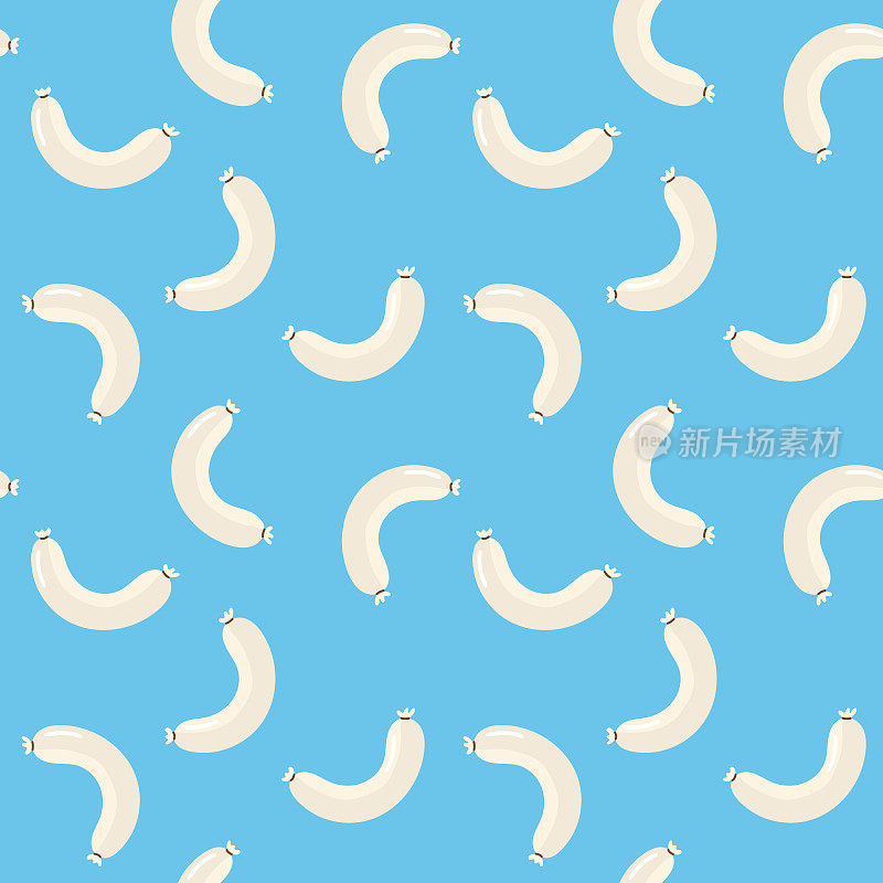 无缝啤酒节白色香肠Wei?wurst插图图案与蓝色背景