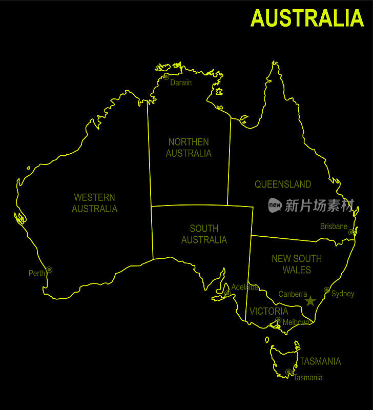 黑色背景下的澳大利亚霓虹灯地图