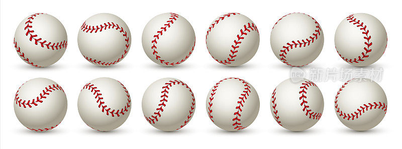 现实的棒球球。皮革3D垒球白色球模型设计与红色蕾丝。矢量孤立图形模板