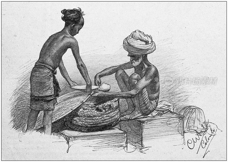 古玩插画:斯里兰卡原住民，大米小贩