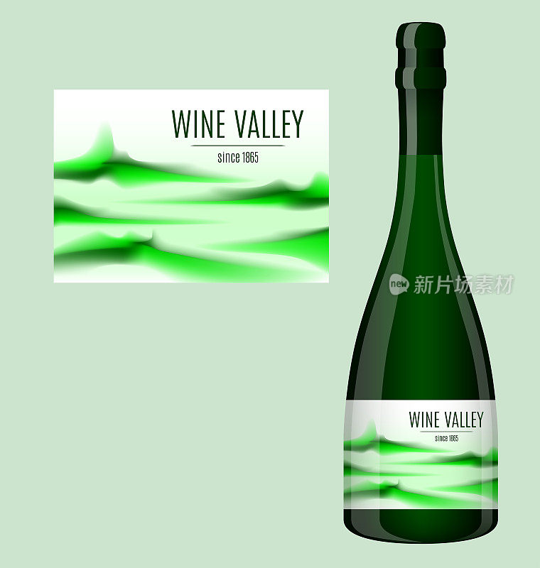 标签设计的一瓶葡萄酒与抽象的景观。矢量插图。