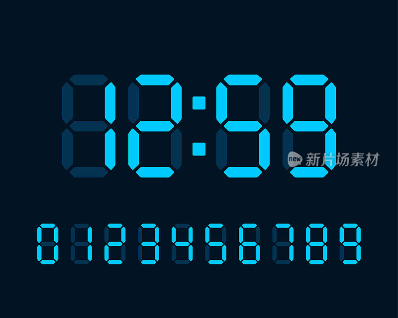在黑色背景上显示时间的蓝色发光数字时钟